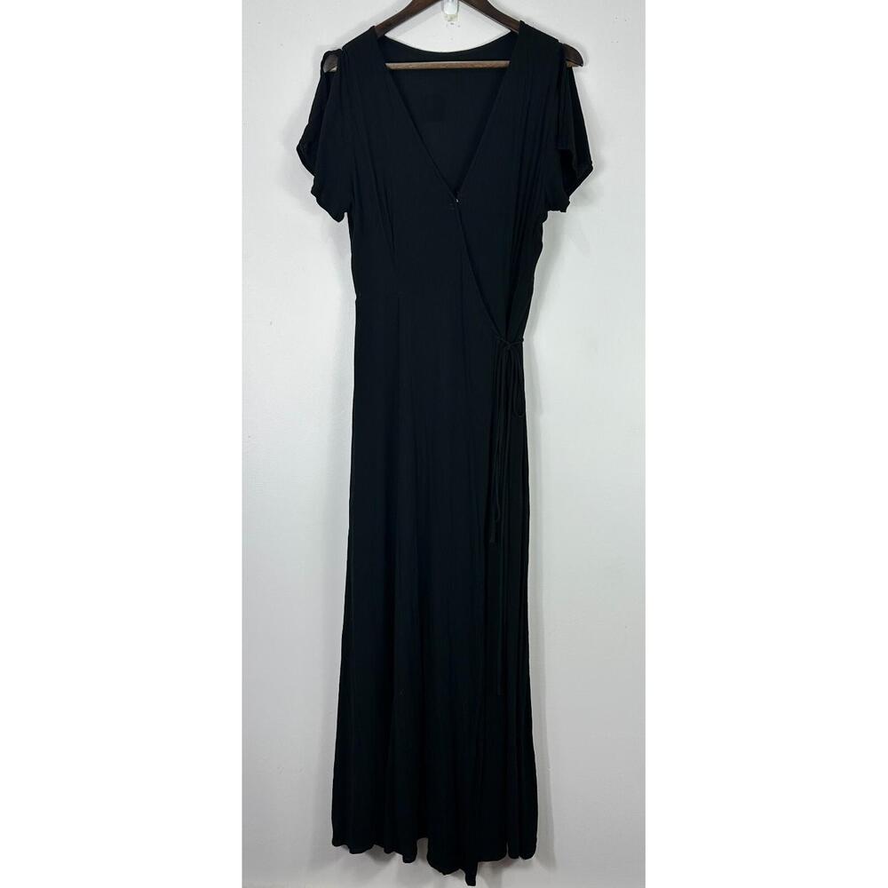 Lulus Wrap Maxi Dress Womens Medium Black Short‎ Sleeve V-Neck Boho Minimalist